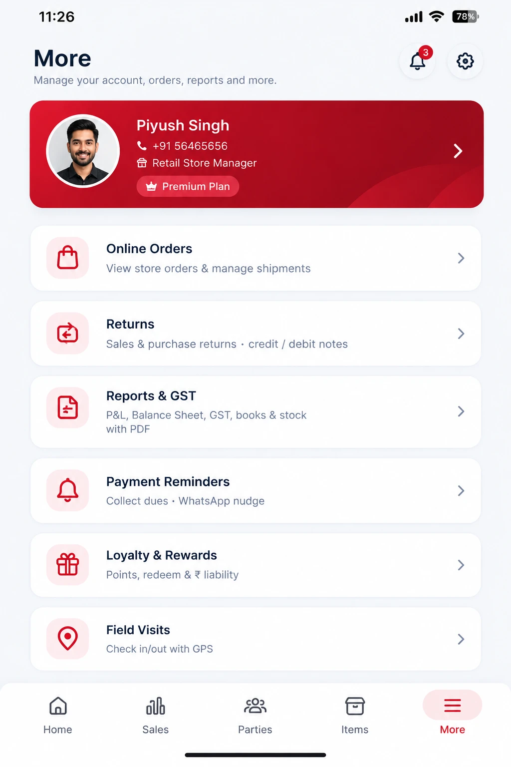 AccVora app, More tab: Online Orders, Returns, Reports & GST, Payment Reminders, Loyalty & Rewards and Field Visits